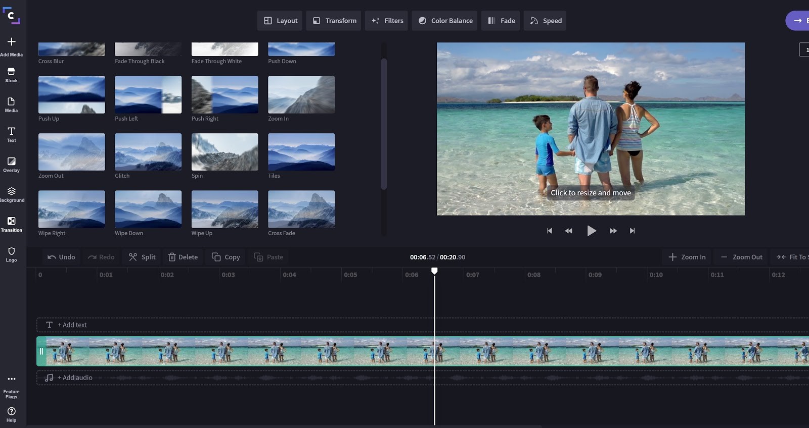 Clipchamp video editing software interface with timeline