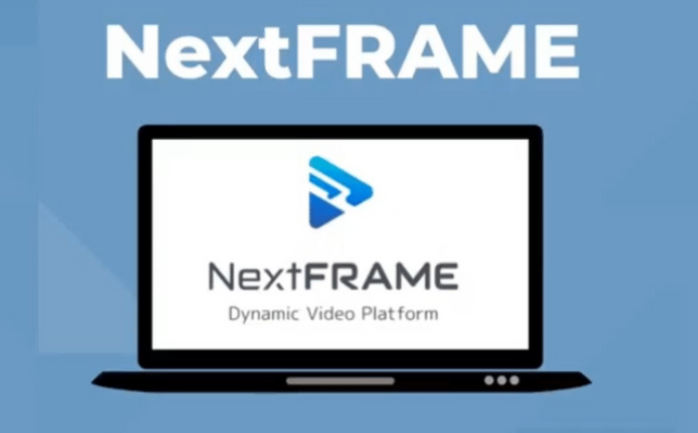 a background of skyblue with an image of cartoon laptop and text of "nextframe"