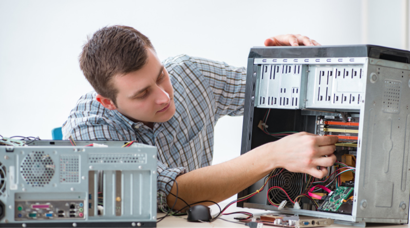 man wearing stripe polo fixing system unit